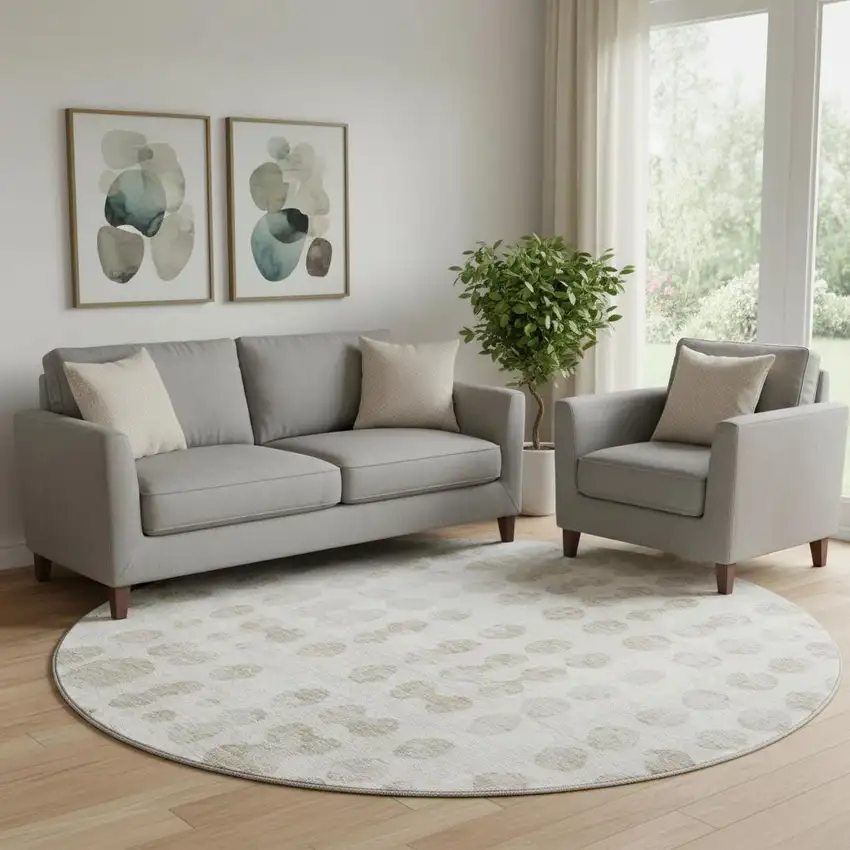 8' Ivory And Beige Polka Dot Washable Round Rug With UV Protection Photo 1