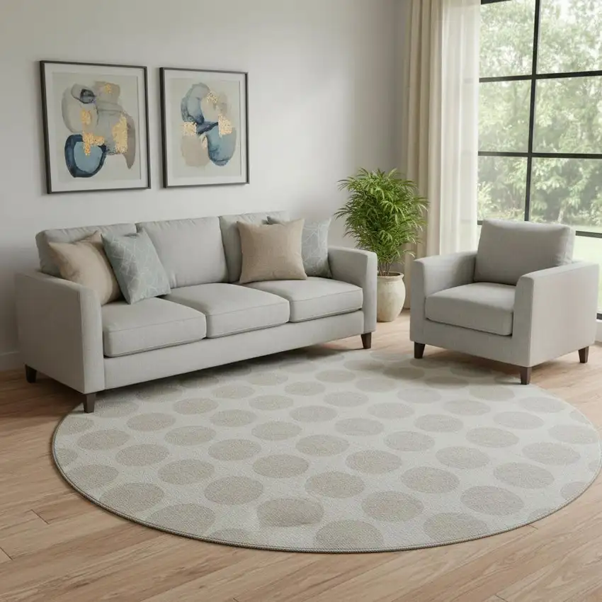 8' Ivory And Beige Polka Dot Washable Round Rug With UV Protection Photo 1