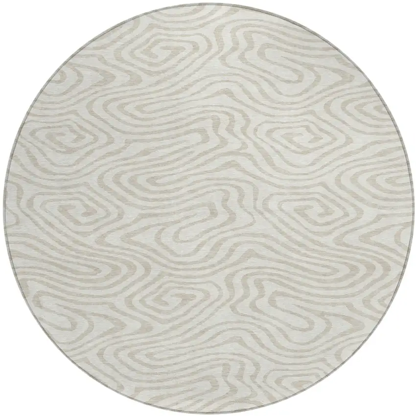 8' Ivory And Beige Round Abstract Washable Indoor Outdoor Area Rug Photo 2