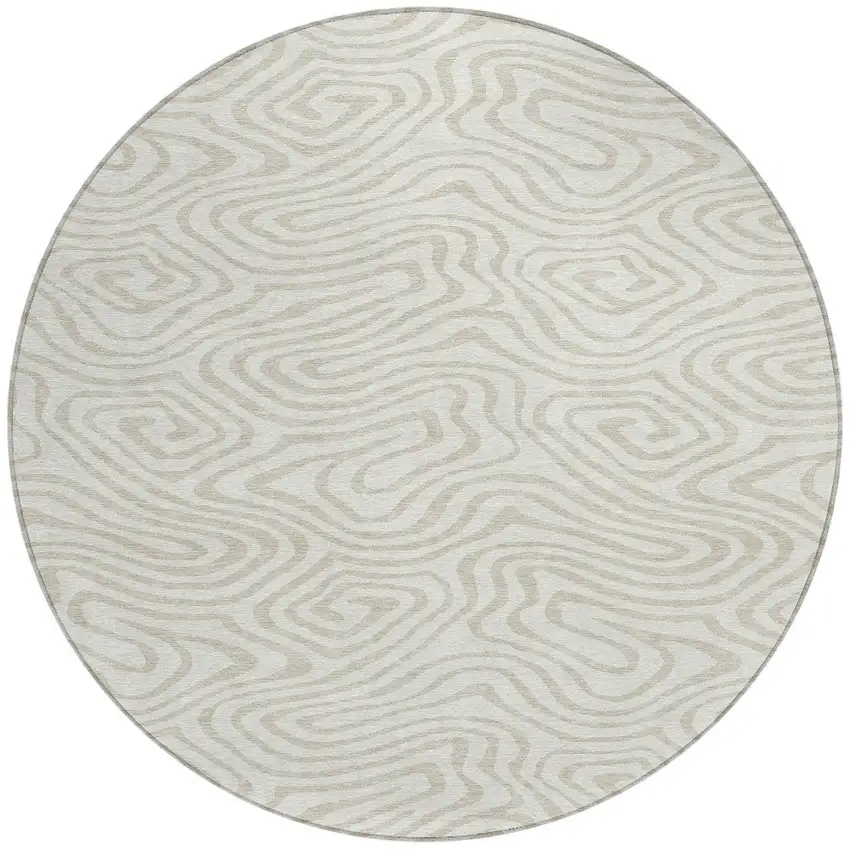 8' Ivory And Beige Round Abstract Washable Indoor Outdoor Area Rug Photo 4
