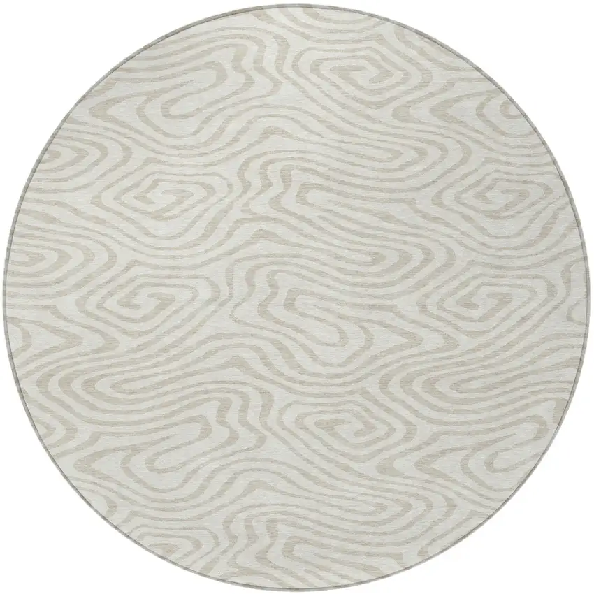 8' Ivory And Beige Round Abstract Washable Indoor Outdoor Area Rug Photo 5