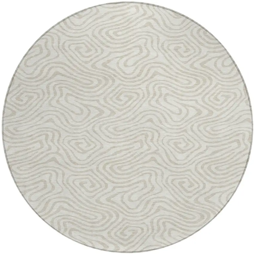 8' Ivory And Beige Round Abstract Washable Indoor Outdoor Area Rug Photo 2
