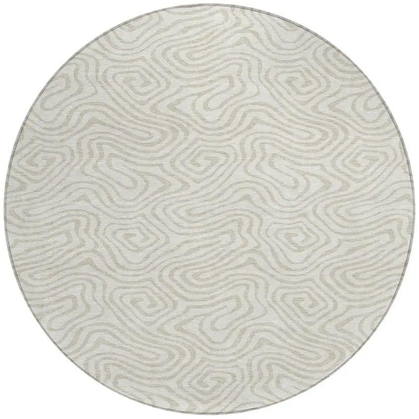 8' Ivory And Beige Round Abstract Washable Indoor Outdoor Area Rug Photo 5