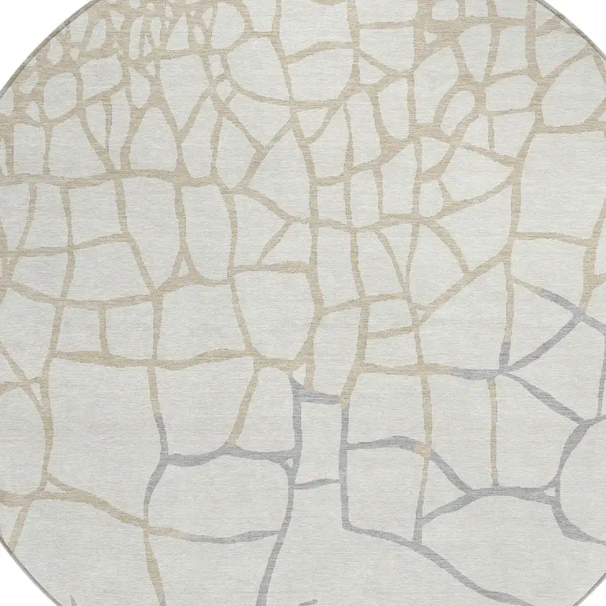 8' Ivory And Beige Round Abstract Washable Indoor Outdoor Area Rug Photo 5