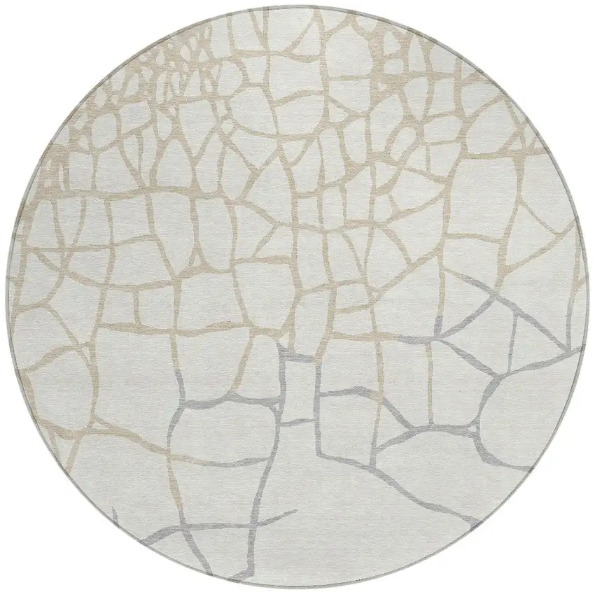 8' Ivory And Beige Round Abstract Washable Indoor Outdoor Area Rug Photo 6