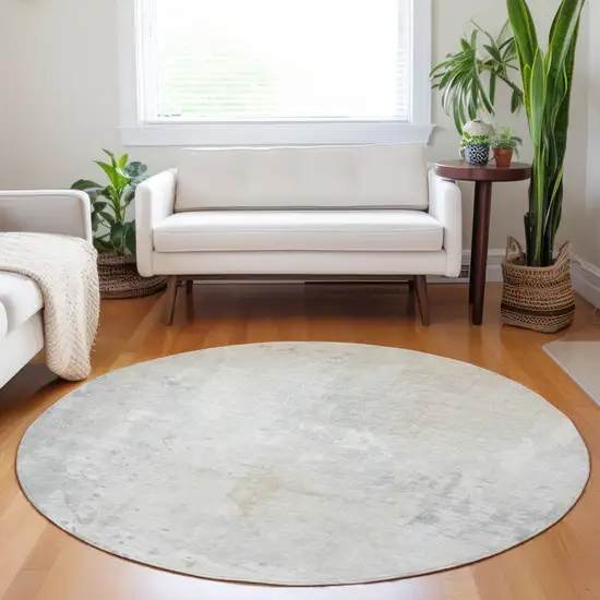 8' Ivory And Beige Round Abstract Washable Indoor Outdoor Area Rug Photo 6