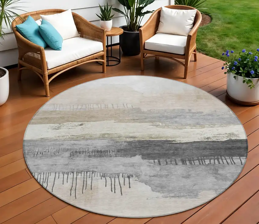 8' Ivory And Beige Round Abstract Washable Indoor Outdoor Area Rug Photo 2