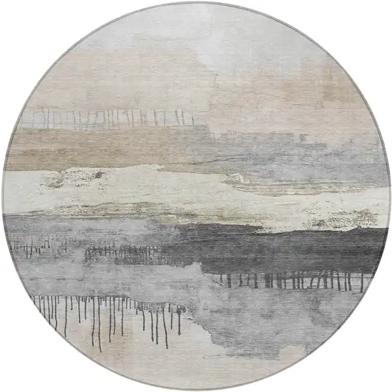 8' Ivory And Beige Round Abstract Washable Indoor Outdoor Area Rug Photo 1