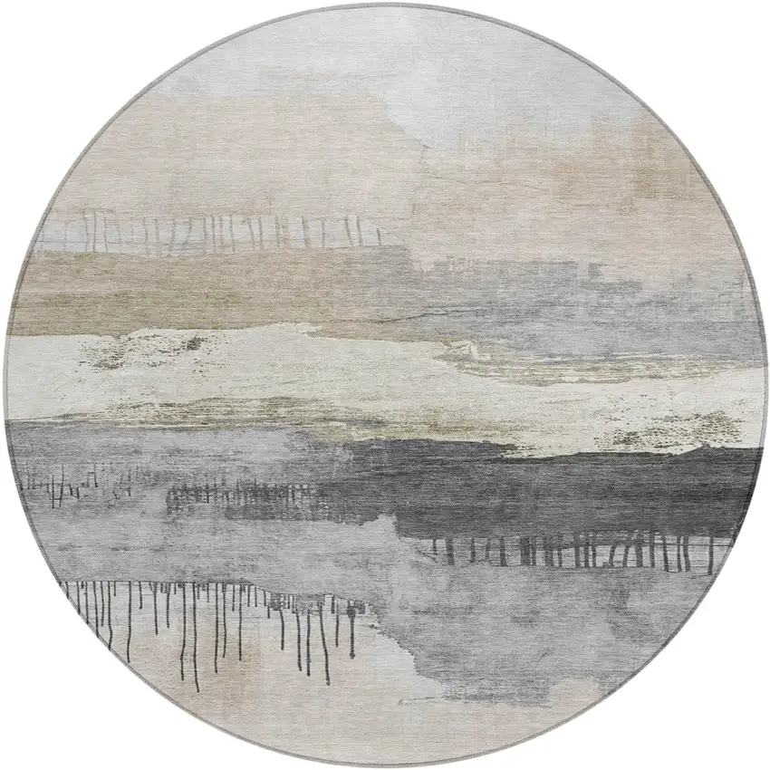 8' Ivory And Beige Round Abstract Washable Indoor Outdoor Area Rug Photo 1