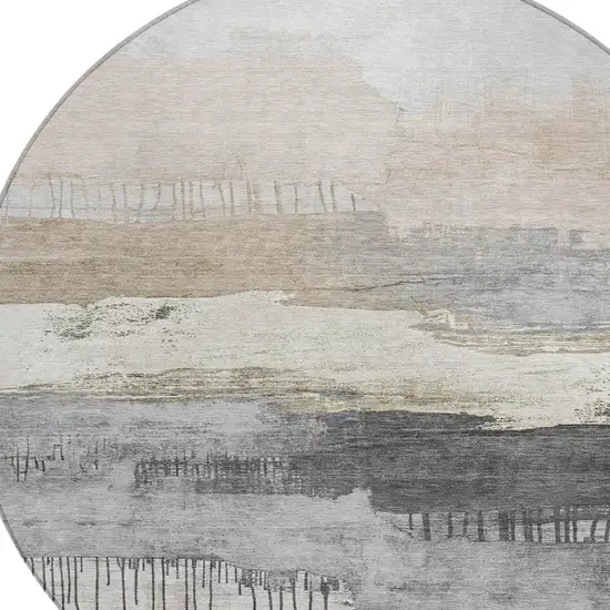 8' Ivory And Beige Round Abstract Washable Indoor Outdoor Area Rug Photo 4