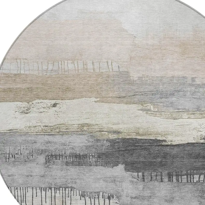 8' Ivory And Beige Round Abstract Washable Indoor Outdoor Area Rug Photo 4