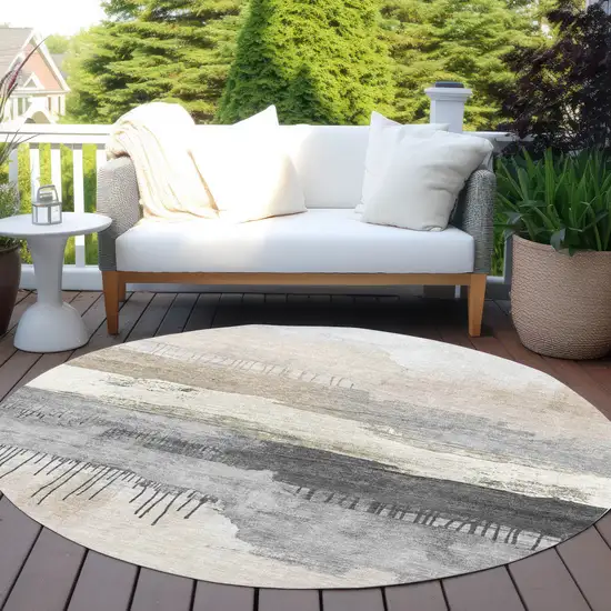 8' Ivory And Beige Round Abstract Washable Indoor Outdoor Area Rug Photo 5
