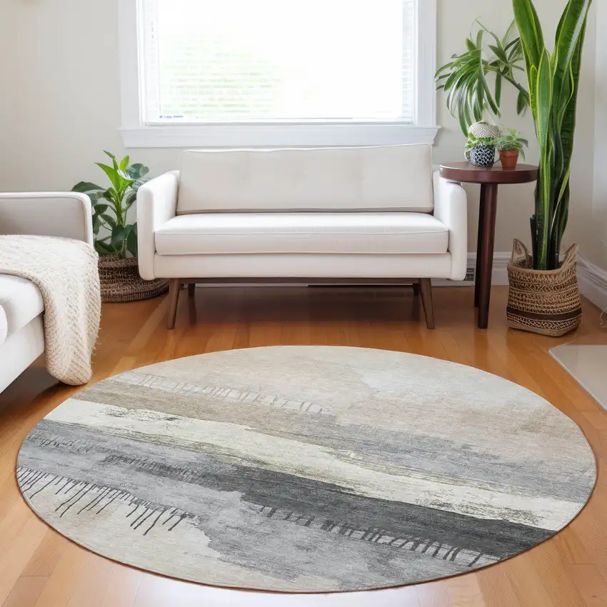 8' Ivory And Beige Round Abstract Washable Indoor Outdoor Area Rug Photo 6
