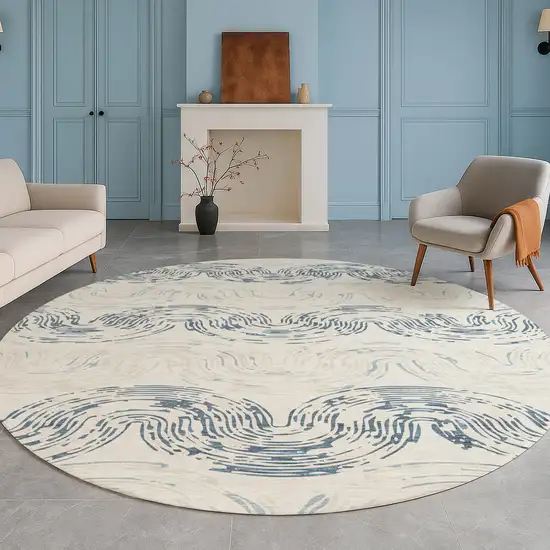 8' Ivory And Beige Round Abstract Washable Indoor Outdoor Area Rug Photo 5