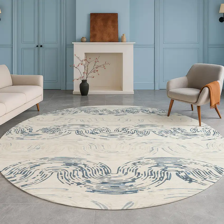 8' Ivory And Beige Round Abstract Washable Indoor Outdoor Area Rug Photo 5