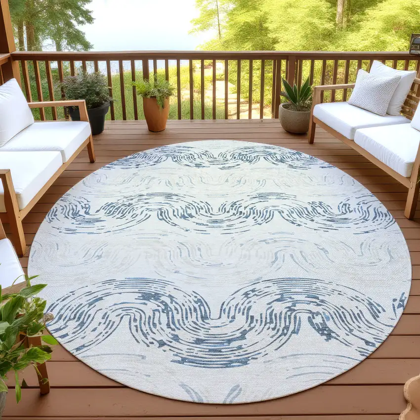 8' Ivory And Beige Round Abstract Washable Indoor Outdoor Area Rug Photo 4