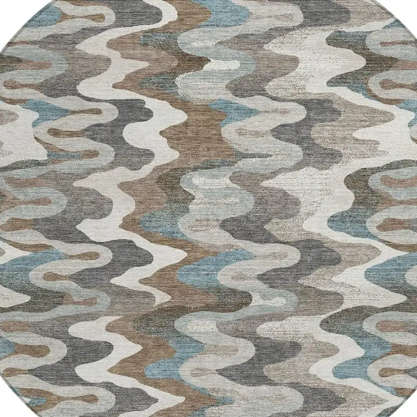 8' Ivory And Beige Round Abstract Washable Indoor Outdoor Area Rug Photo 2