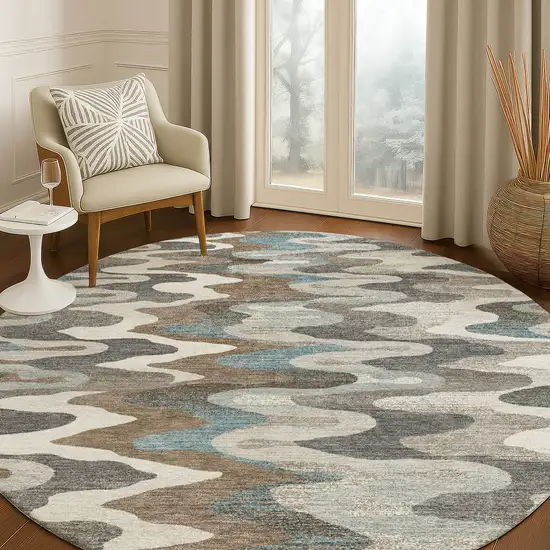 8' Ivory And Beige Round Abstract Washable Indoor Outdoor Area Rug Photo 5