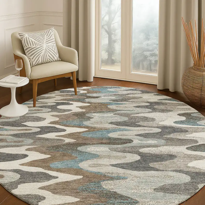 8' Ivory And Beige Round Abstract Washable Indoor Outdoor Area Rug Photo 5