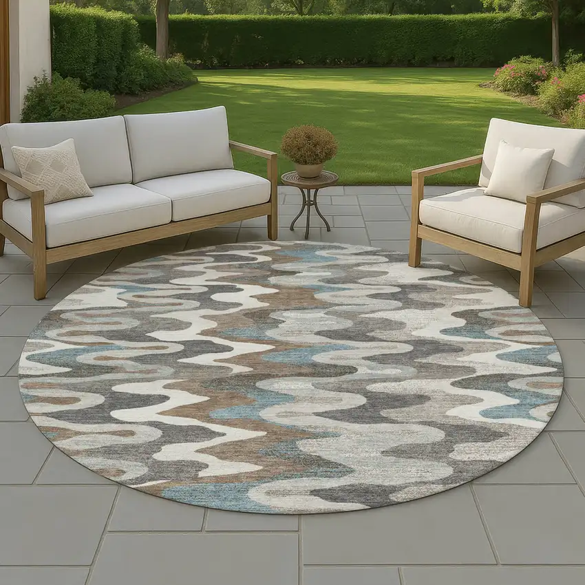 8' Ivory And Beige Round Abstract Washable Indoor Outdoor Area Rug Photo 4