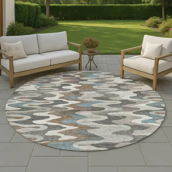8' Ivory And Beige Round Abstract Washable Indoor Outdoor Area Rug Photo 4