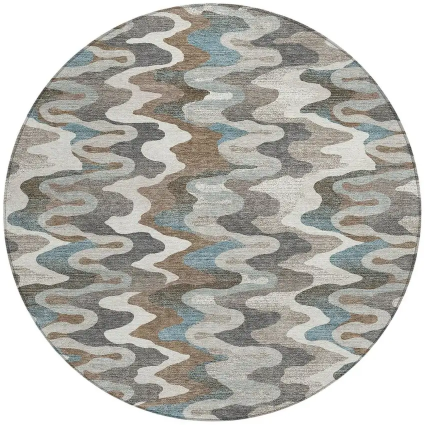 8' Ivory And Beige Round Abstract Washable Indoor Outdoor Area Rug Photo 3