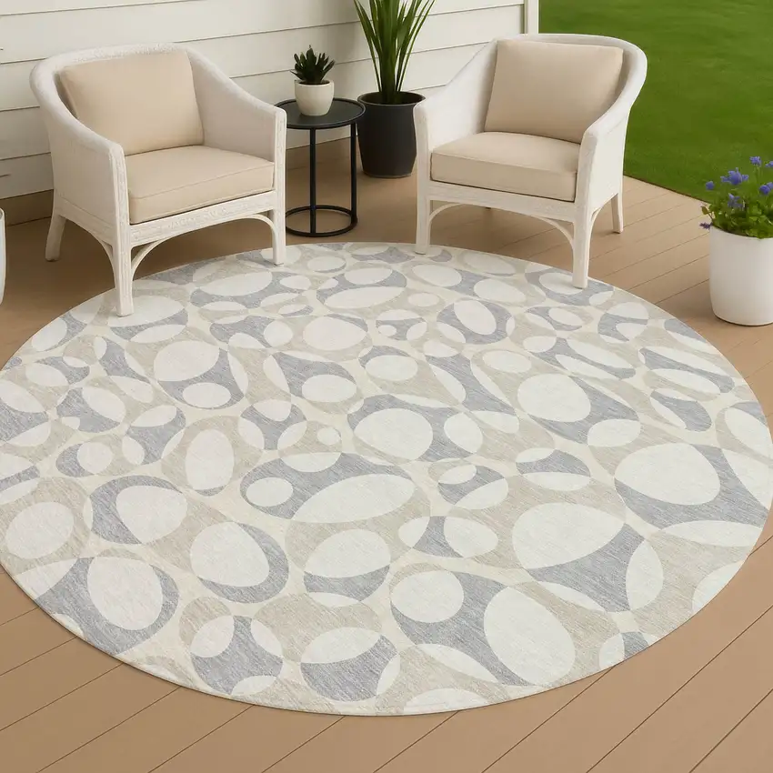 8' Ivory And Beige Round Abstract Washable Indoor Outdoor Area Rug Photo 4