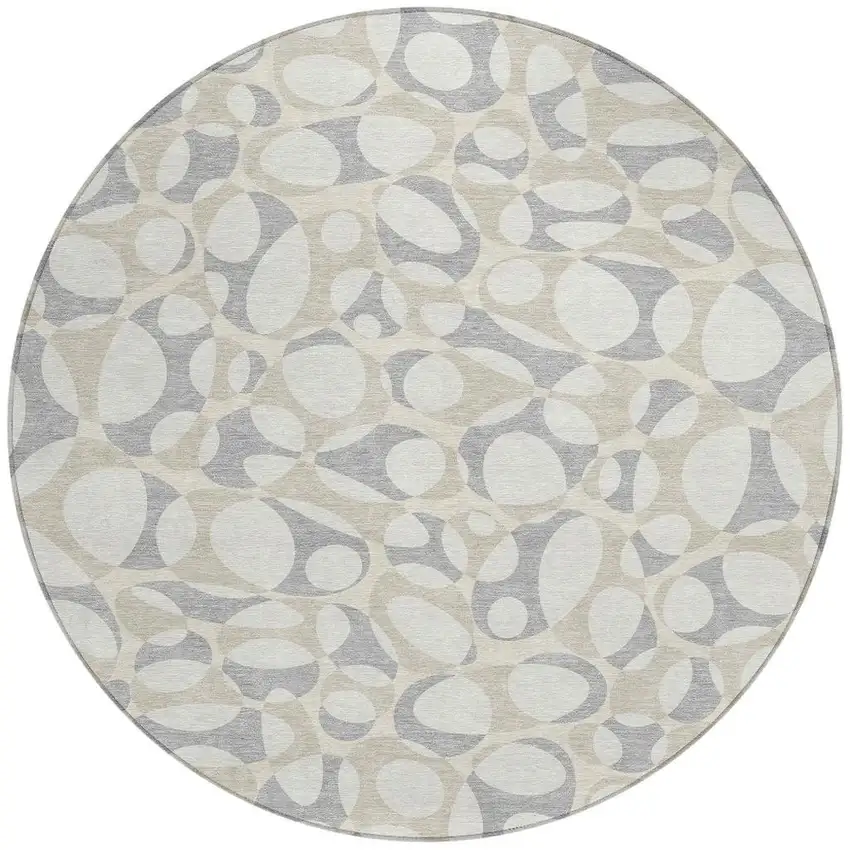 8' Ivory And Beige Round Abstract Washable Indoor Outdoor Area Rug Photo 3