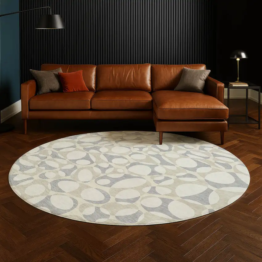 8' Ivory And Beige Round Abstract Washable Indoor Outdoor Area Rug Photo 5