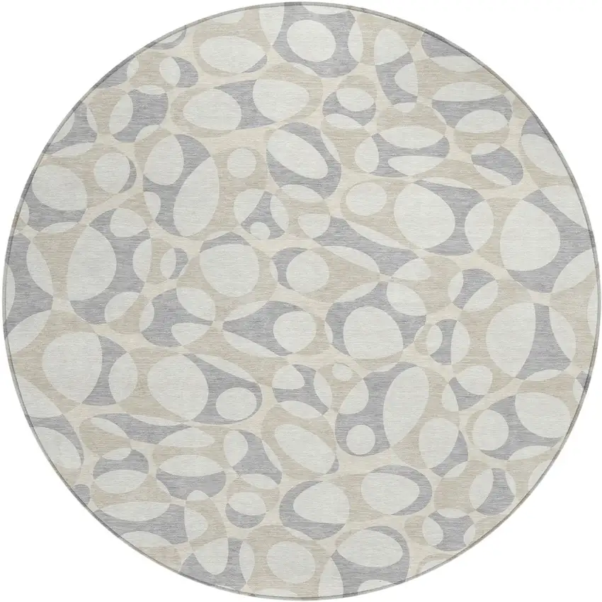 8' Ivory And Beige Round Abstract Washable Indoor Outdoor Area Rug Photo 1