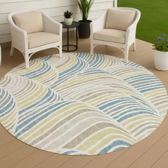 8' Ivory And Beige Round Abstract Washable Indoor Outdoor Area Rug Photo 4
