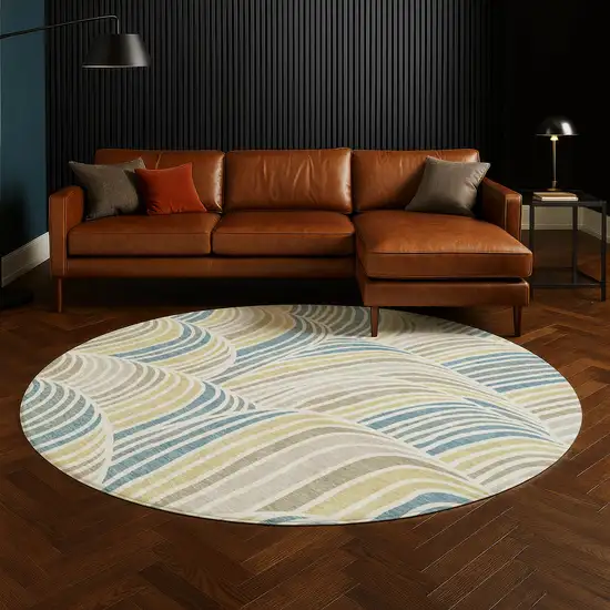 8' Ivory And Beige Round Abstract Washable Indoor Outdoor Area Rug Photo 5