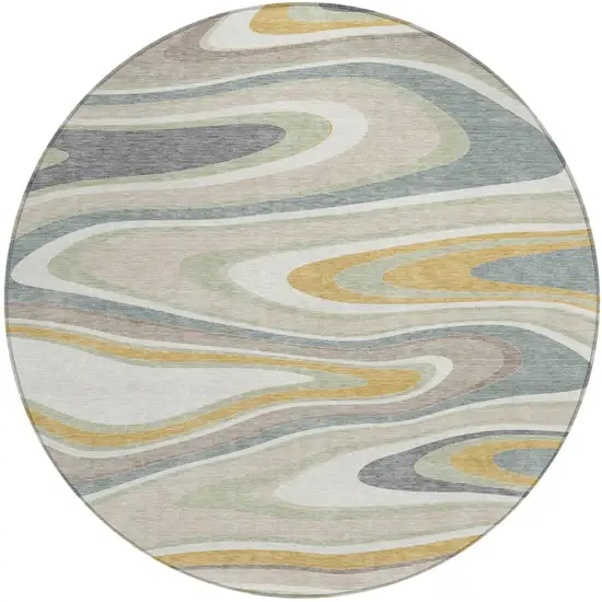 8' Ivory And Beige Round Abstract Washable Indoor Outdoor Area Rug Photo 2