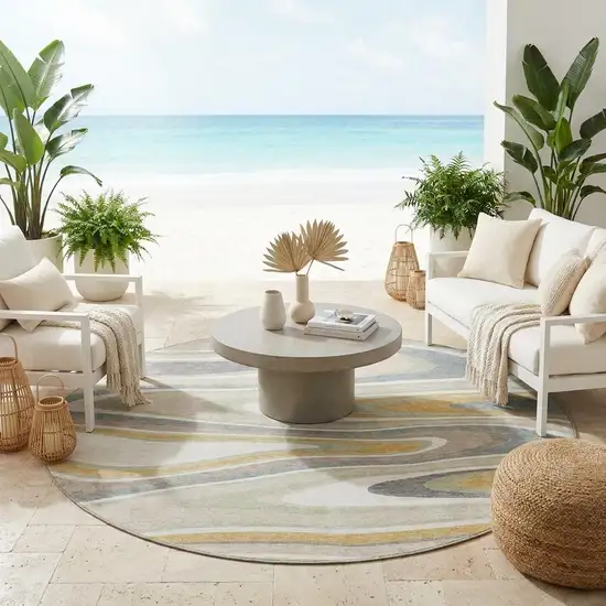 8' Ivory And Beige Round Abstract Washable Indoor Outdoor Area Rug Photo 1