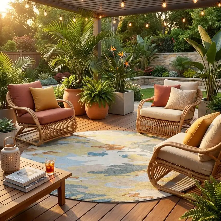 8' Ivory And Beige Round Abstract Washable Indoor Outdoor Area Rug Photo 1