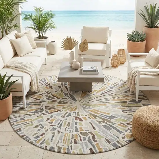 8' Ivory And Beige Round Abstract Washable Indoor Outdoor Area Rug Photo 1