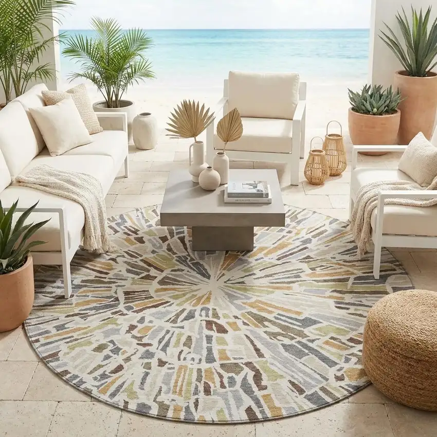8' Ivory And Beige Round Abstract Washable Indoor Outdoor Area Rug Photo 1