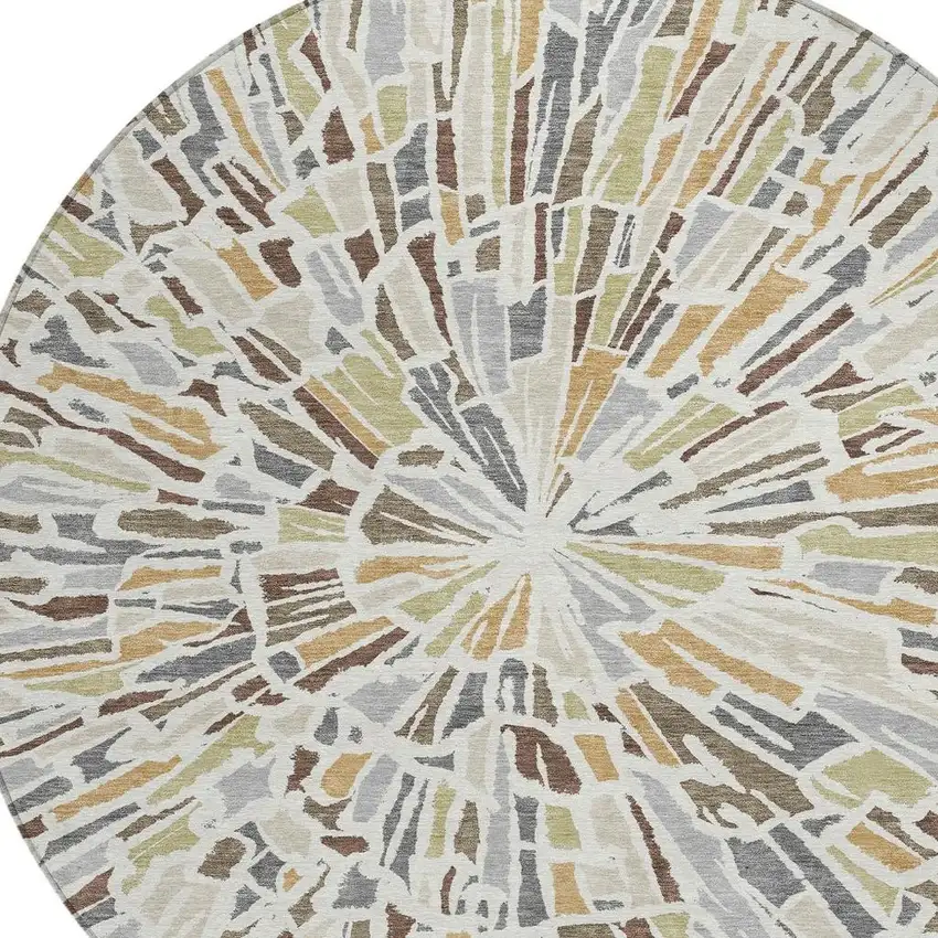 8' Ivory And Beige Round Abstract Washable Indoor Outdoor Area Rug Photo 3