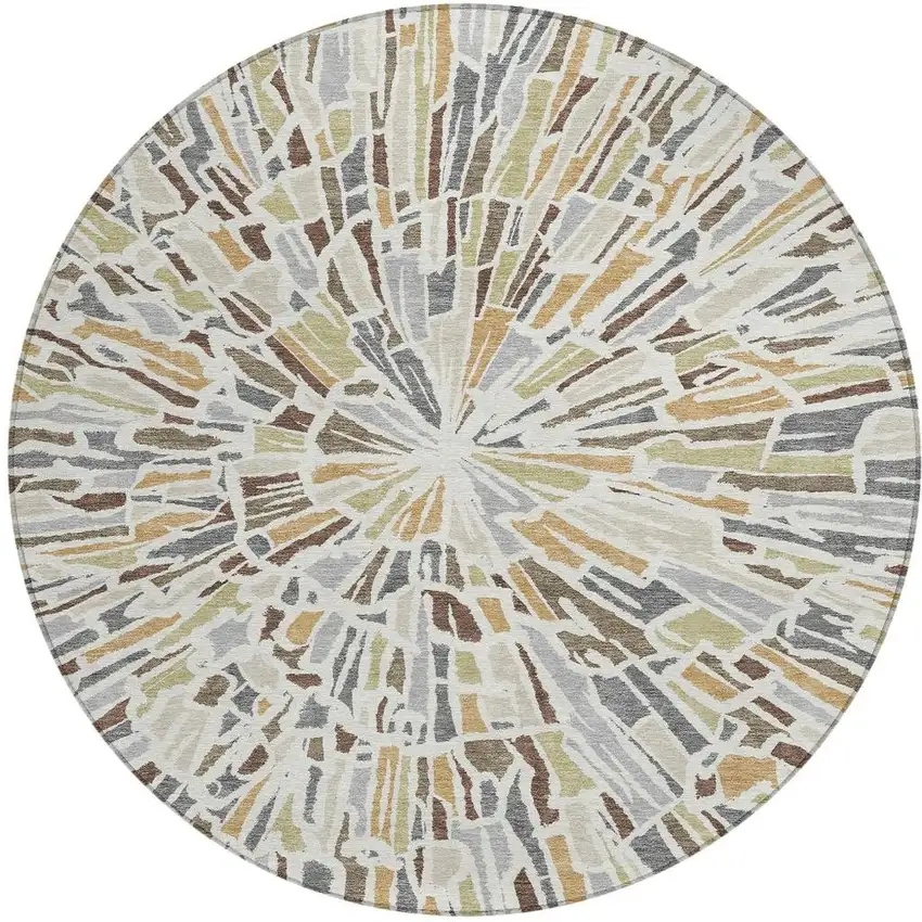 8' Ivory And Beige Round Abstract Washable Indoor Outdoor Area Rug Photo 4