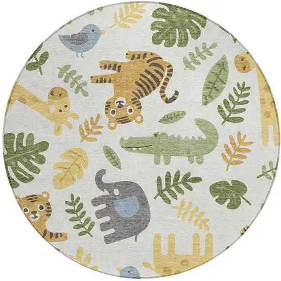 8' Ivory And Beige Round Abstract Washable Indoor Outdoor Area Rug Photo 3