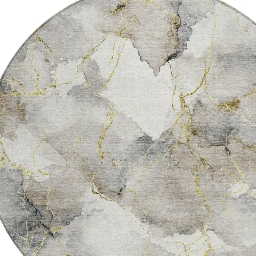 8' Ivory And Beige Round Abstract Washable Indoor Outdoor Area Rug Photo 2