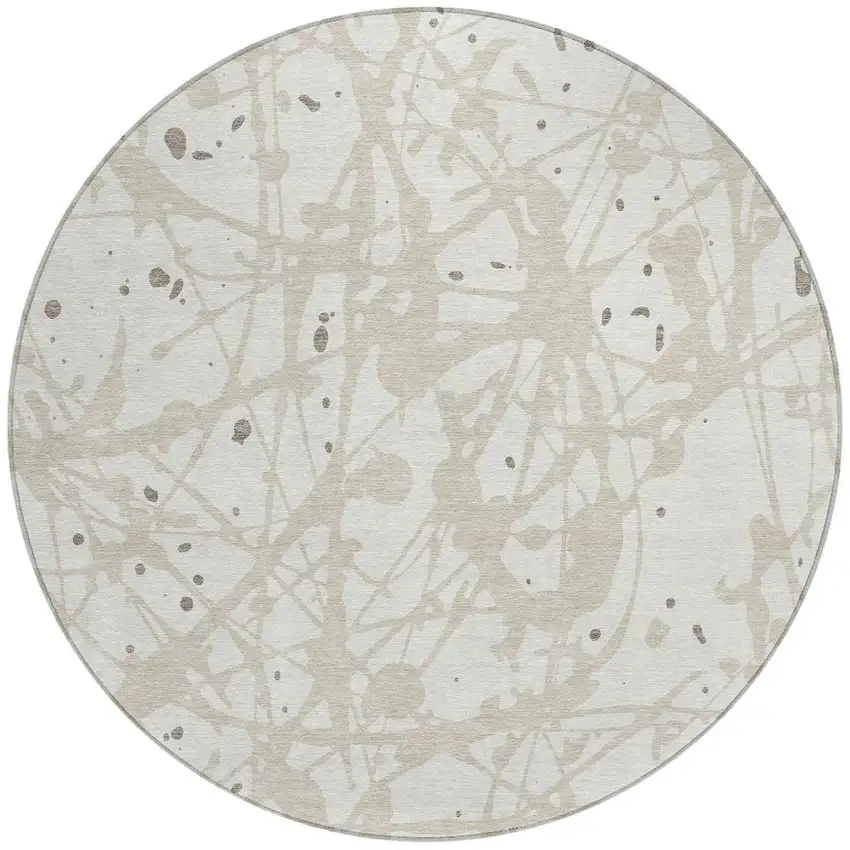 8' Ivory And Beige Round Abstract Washable Indoor Outdoor Area Rug Photo 3