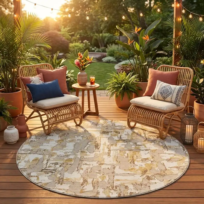 8' Ivory And Beige Round Abstract Washable Indoor Outdoor Area Rug Photo 1