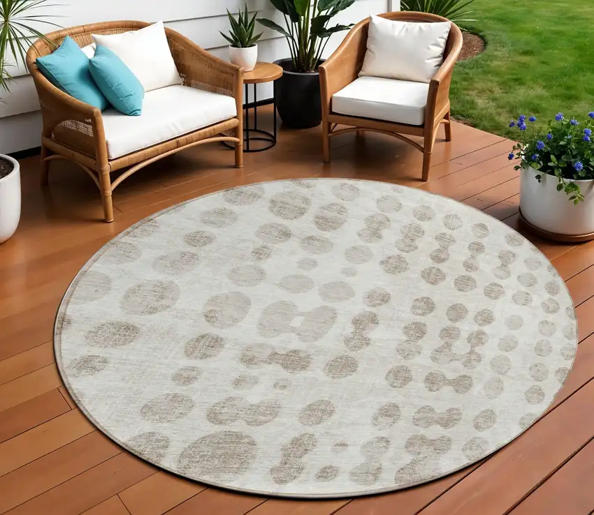 8' Ivory And Beige Round Abstract Washable Indoor Outdoor Area Rug Photo 1