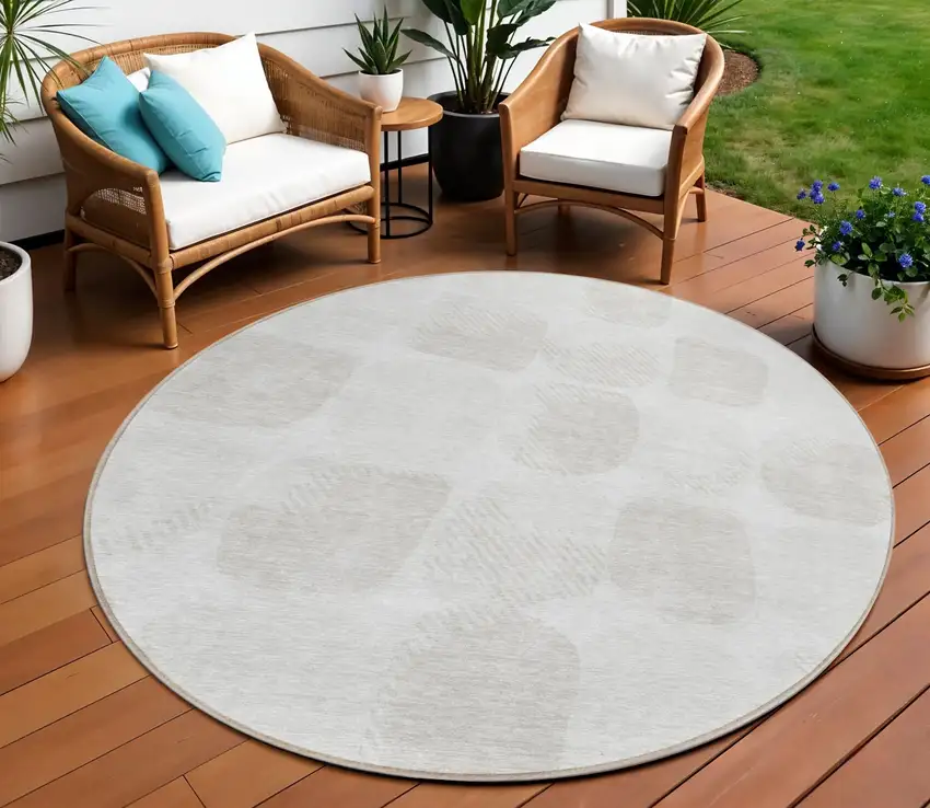 8' Ivory And Beige Round Abstract Washable Indoor Outdoor Area Rug Photo 1