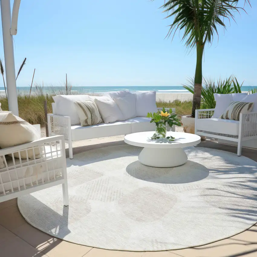 8' Ivory And Beige Round Abstract Washable Indoor Outdoor Area Rug Photo 6