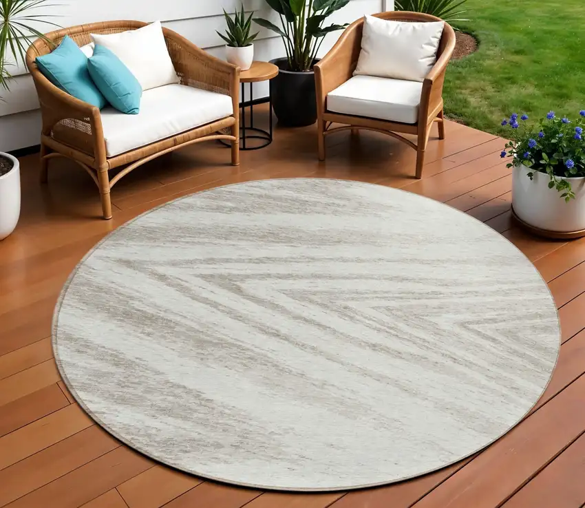 8' Ivory And Beige Round Abstract Washable Indoor Outdoor Area Rug Photo 1