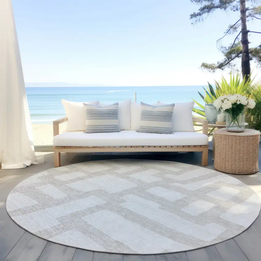 8' Ivory And Beige Round Abstract Washable Indoor Outdoor Area Rug Photo 6