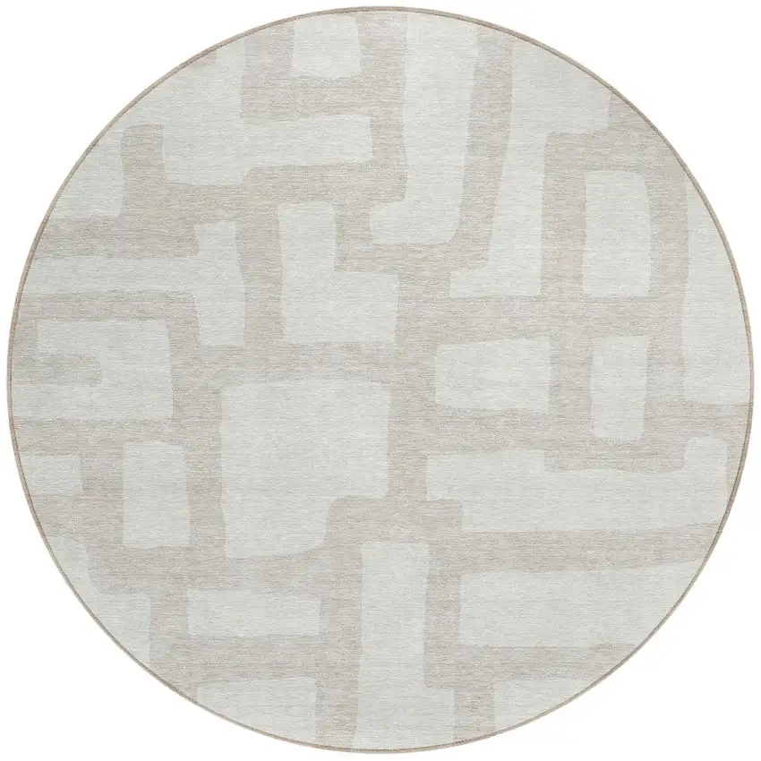 8' Ivory And Beige Round Abstract Washable Indoor Outdoor Area Rug Photo 5