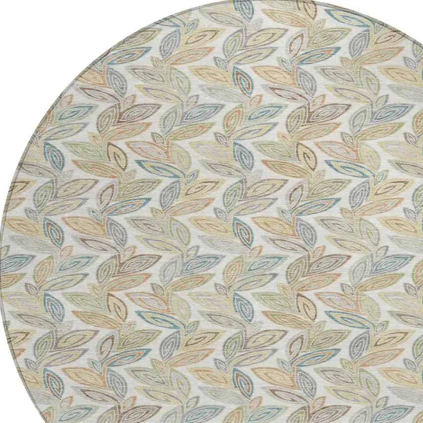 8' Ivory And Beige Round Botanical Leaves Washable Indoor Outdoor Area Rug Photo 4